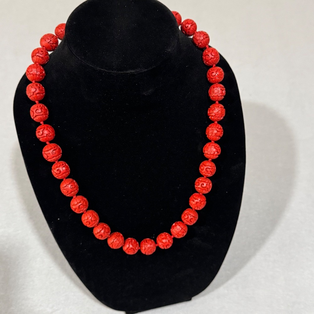 Vintage Necklace Women Red Cinnabar Chinese Export Carved Floral Beads 24.5in
